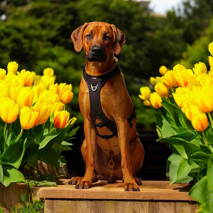 Jumpy participe au concours pour gagner de l'argent avec cette photo : dog, brown_dog, yellow_tulips, flowers, garden, outdoor, nature, greenery, wooden_platform, pet, animal, sitting, harness, plant, summer, spring, flora, canine, leaf, portrait