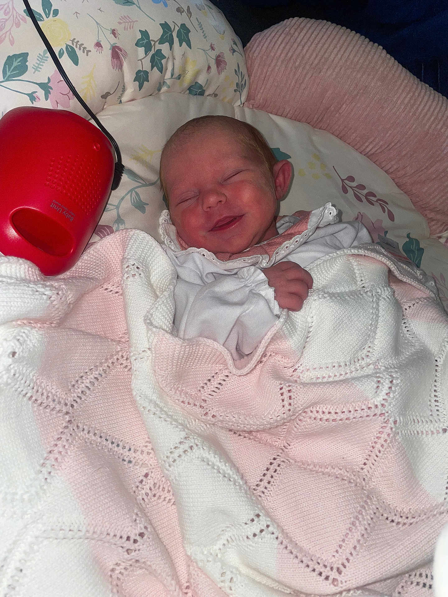 Olive joined the competition — help win amazing prizes! newborn, baby, blanket, smile, sleeping, pillow, floral_pattern, red_device, knitted, white_clothing, pink, infant, cute, wrapped, indoors, resting, baby_unit, soft, peaceful, child