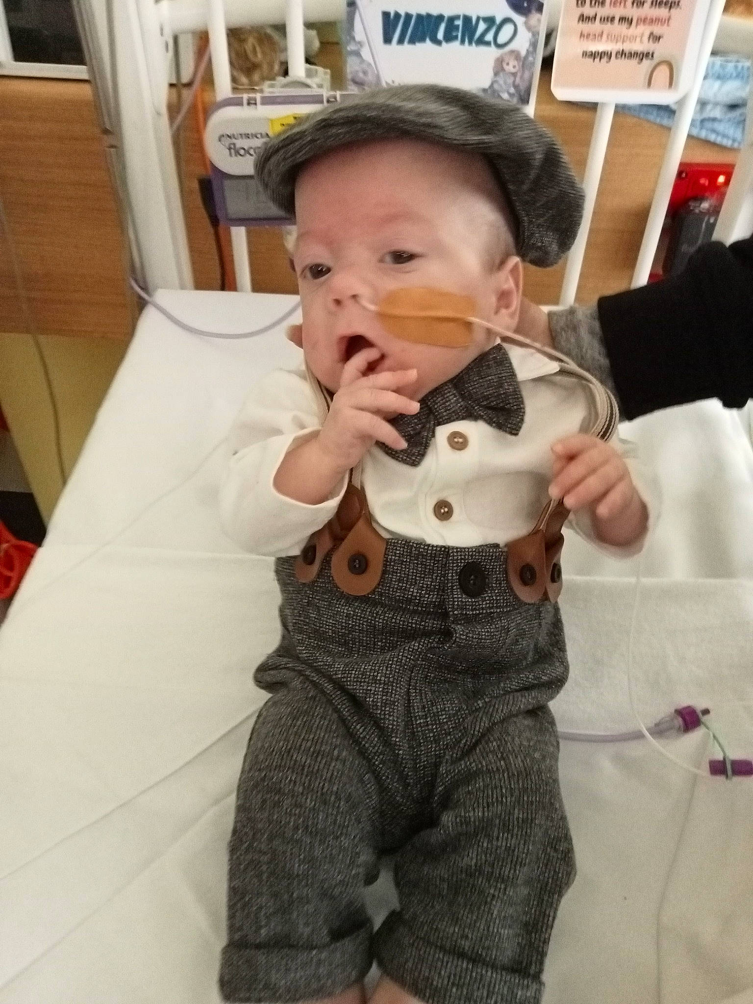 Vincenzo joined the competition — help win amazing prizes! baby, bow_tie, cap, child, doll, formal_wear, fur, hand, hat, head, pattern, person, plush, room, sitting, sleeve, stuffed_toy, sun_hat, t_shirt, toddler