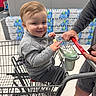 toddler, child, shopping_cart, smiling, supermarket, bottled_water, adult_hand, clothing, face, person, store, product_display, floor, shorts, gray_sweater, plastic_cup, grocery_shopping, happy, indoor, retail