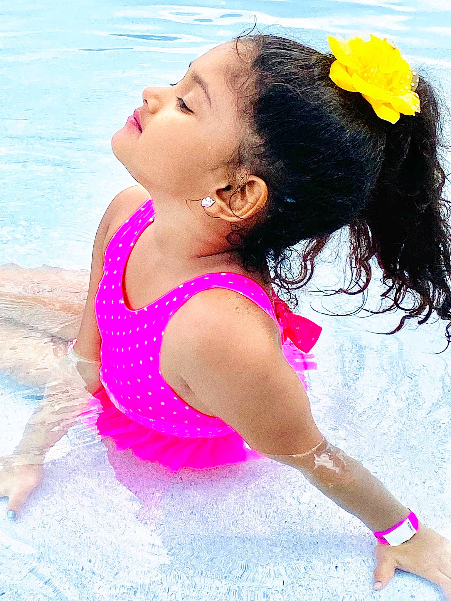 Adia Dewan joined the competition — help win amazing prizes! abdomen, beauty, black_hair, child, fun, hair_accessory, happy, leisure, long_hair, person, photo_shoot, photography, pink, summer, swimwear, vacation