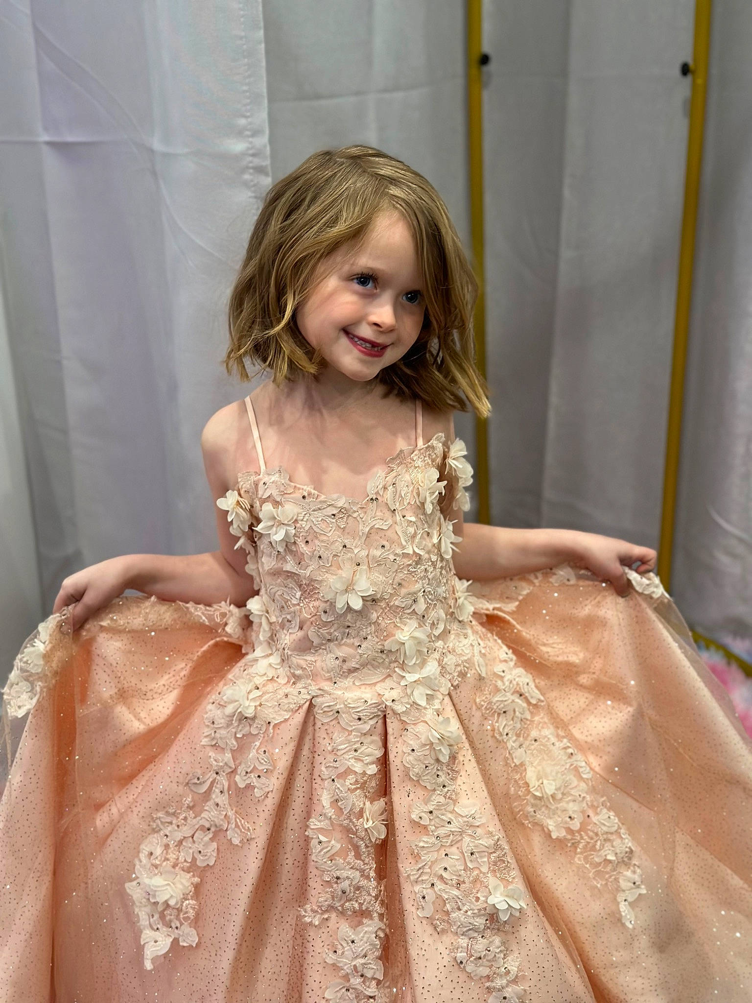 Cora joined the competition — help win amazing prizes! bridal_accessory, bridal_clothing, bridal_party_dress, day_dress, dress, embellishment, fashion, fashion_design, formal_wear, gown, hair, happy, joy, one_piece_garment, person, pink, shoulder, skin, sleeve, smile