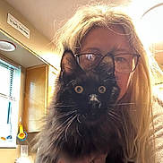 Elvis is registered to the contest to win money with this photo: black_cat, cabinet, casual, cat, eyes, face, fur, glasses, hand, holding, home, indoor, kitchen, light, long_hair, person, pet, whiskers, window, woman