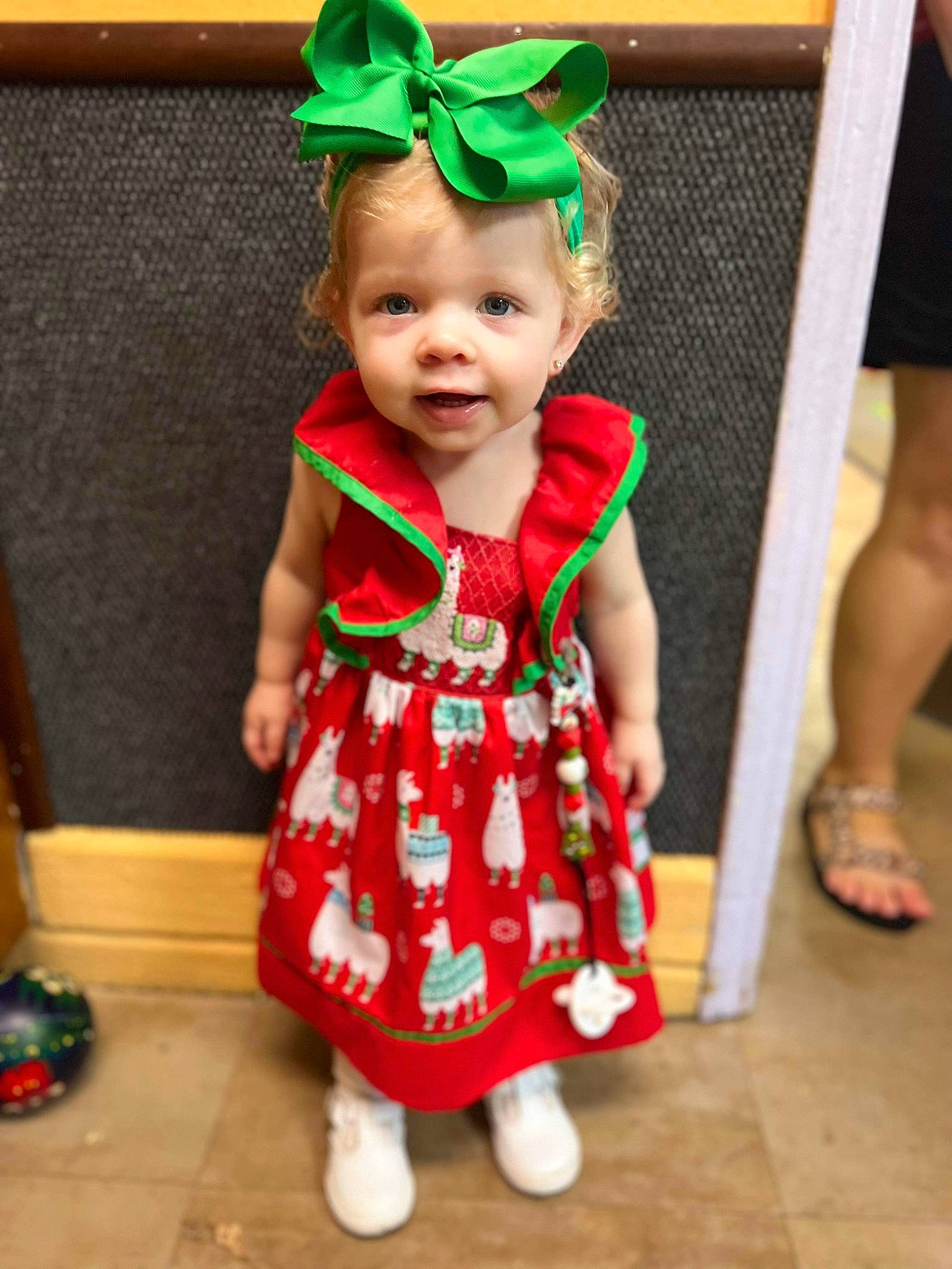 Brynlee joined the competition — help win amazing prizes! baby, baby_toddler_clothing, child, costume_hat, dress, event, fashion_accessory, fictional_character, flooring, fun, happy, holiday, human_leg, magenta, one_piece_garment, pattern, person, shoe, sleeve, smile