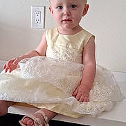 Emma is registered to the contest to win money with this photo: baby, child, clothing, cute, dress, expression, face, feet, headband, indoor, innocent, lace, light, person, portrait, power_outlet, sandals, sitting, toddler, wall