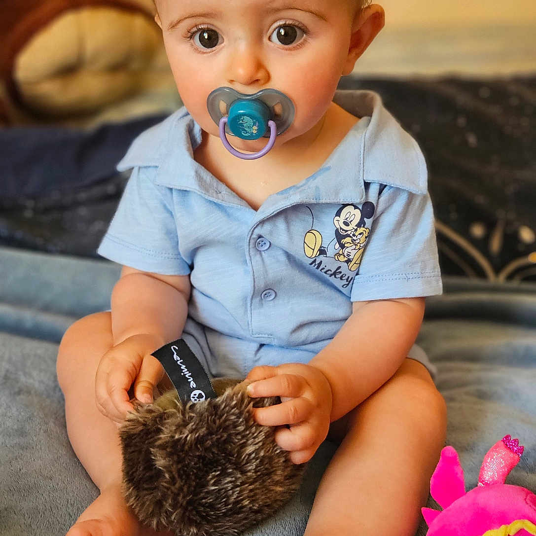 Minelli a rejoint le concours — aidez-le/la à gagner de superbes lots ! baby, blanket, blue_shirt, child, curious, cute, feet, fuzzy_toy, hands, indoors, infant, mickey_mouse, pacifier, person, plush_toy, portrait, sitting, soft_toy, toy, young_child