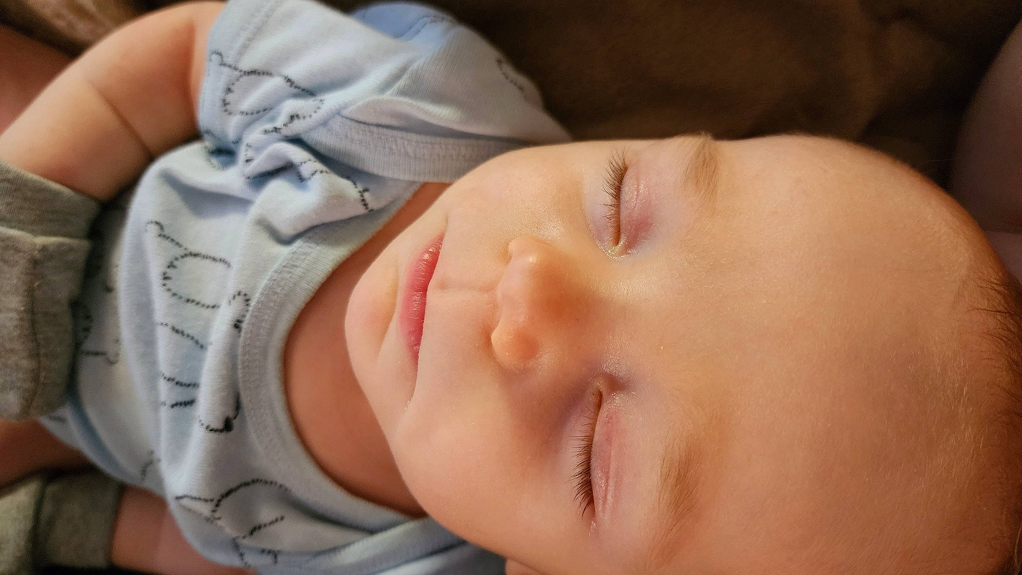 Bear is registered to the contest to win money with this photo: baby, baby_sleeping, cheek, chin, close_up, comfort, eye, eyelash, finger, forehead, gesture, hand, head, headgear, human_body, lip, mouth, nose, person, skin