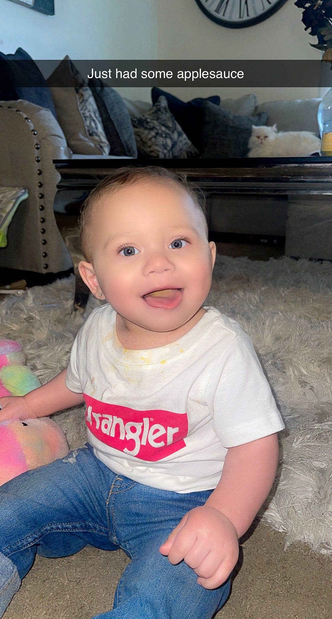 Augustine joined the competition — help win amazing prizes! baby_toddler_clothing, black, blue, cheek, chin, clothing, cool, facial_expression, finger, flooring, happy, head, iris, joy, mouth, nose, person, skin, sleeve, smile