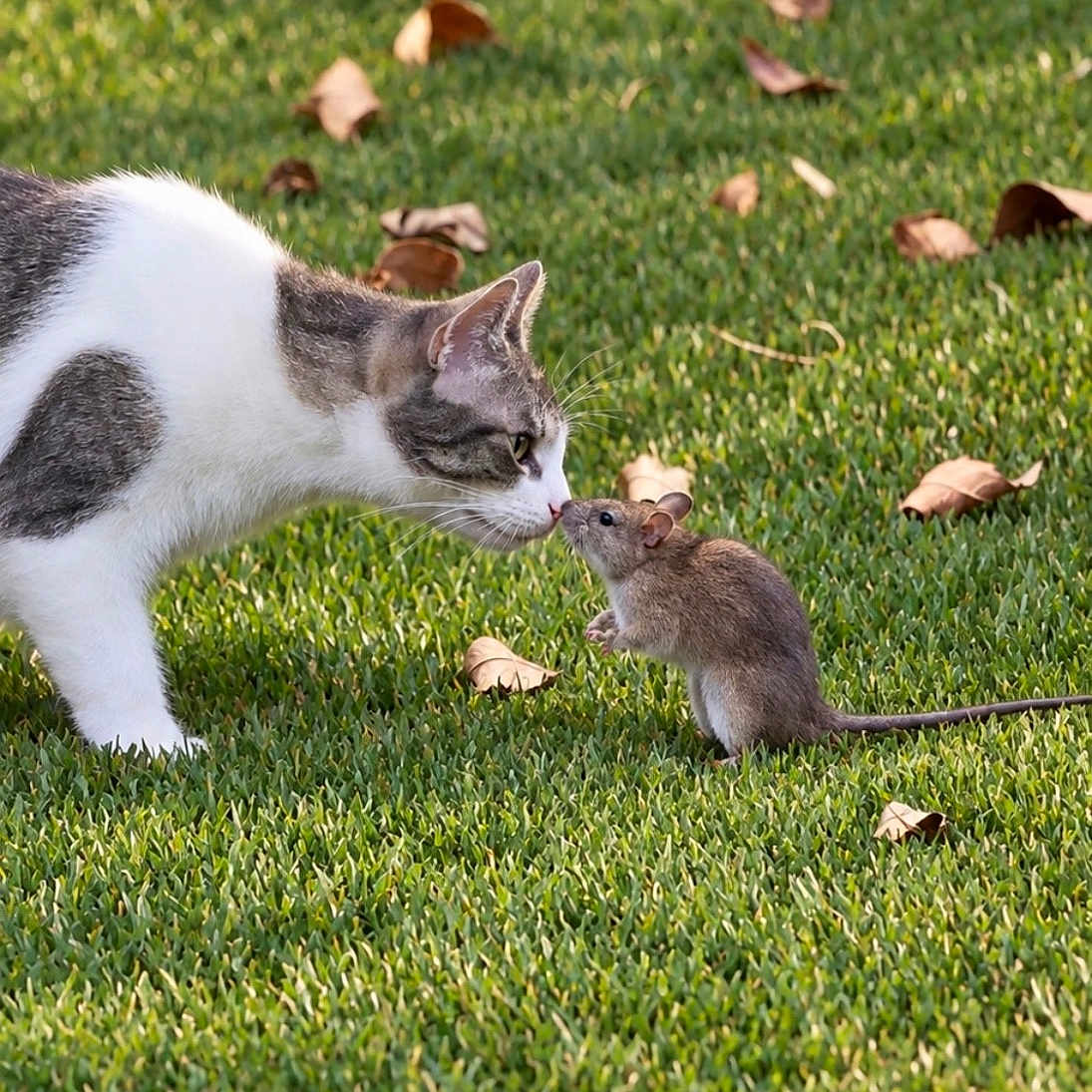 Lucy joined the competition — help win amazing prizes! cat, mouse, mammal, animal, grass, lawn, outdoor, nature, wildlife, autumn, fallen_leaves, nose_to_nose, curious, interaction, standoff, whiskers, tail, fur, sunlight, portrait