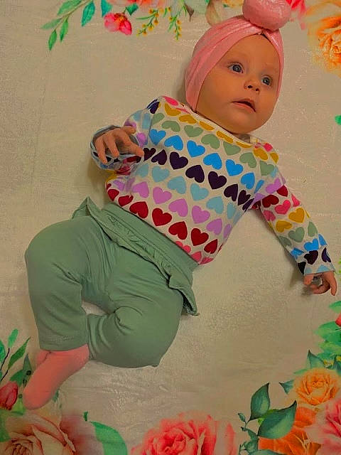 Sabrina joined the competition — help win amazing prizes! art, baby, baby_products, baby_toddler_clothing, beauty, child, happy, headwear, linens, magenta, orange, pattern, person, petal, pink, plant, rose, sleeve, t_shirt, textile