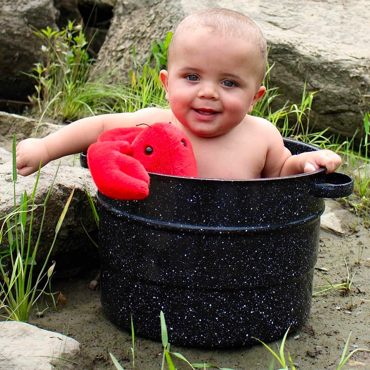 Jackson joined the competition — help win amazing prizes! baby, bathing, bucket, face, grass, head, herbal, herbs, nature, outdoors, person, photography, plant, portrait, pottedplant, rock, soil, summer, toy, vegetation