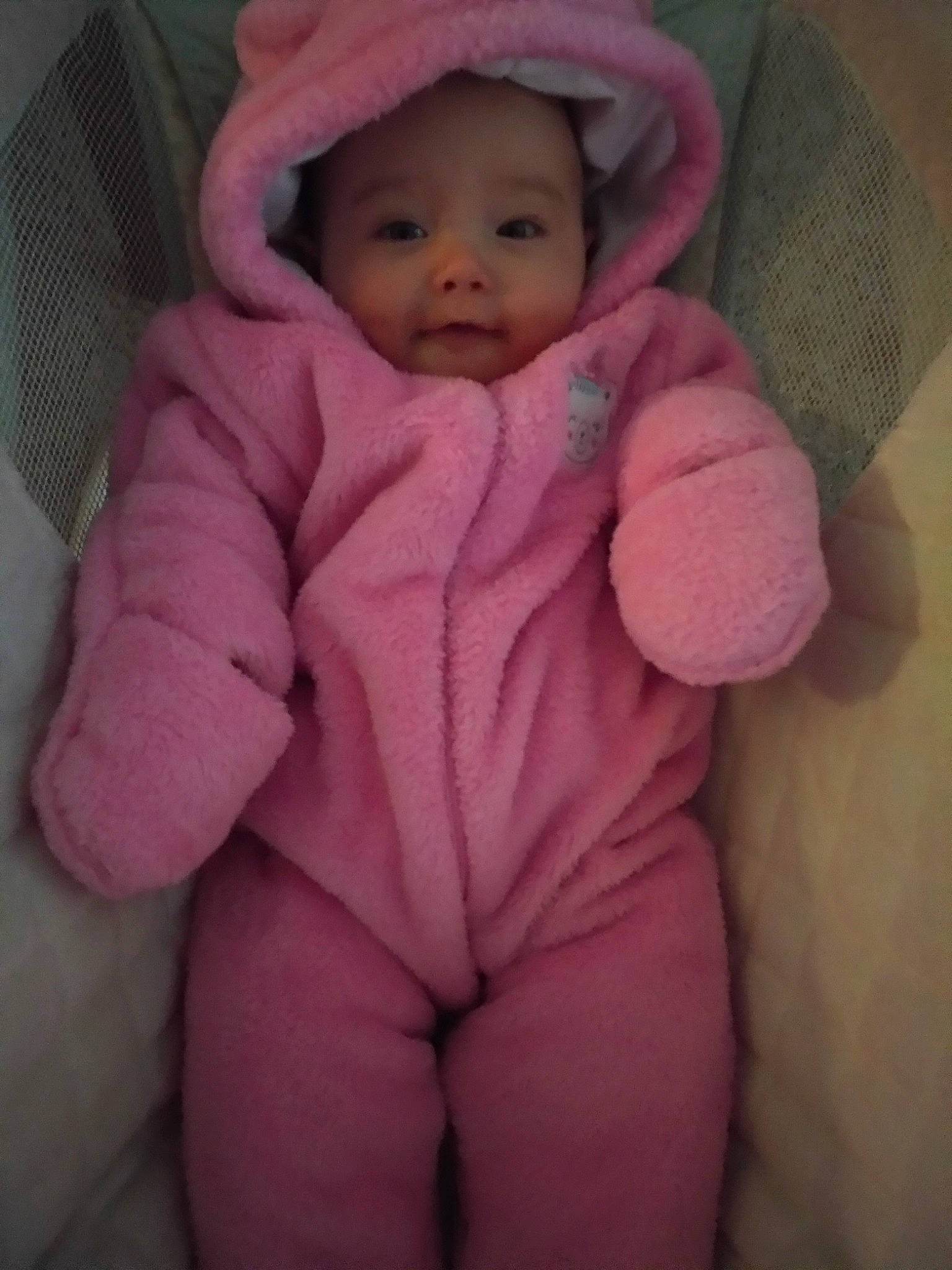 Nami is registered to the contest to win money with this photo: baby, cheek, child, eye, face, fur, lip, outerwear, person, pink, skin, toddler