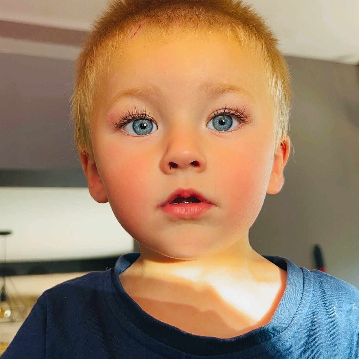 Diego Pieddefer participe au concours pour gagner de l'argent avec cette photo : blonde_hair, blue_eyes, boy, casual_clothing, child, close_up, curious, daylight, expression, eyelashes, face, hair, head_and_shoulders, indoor, portrait, shirt, skin, sunlight, toddler, young