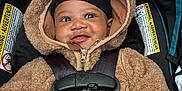 Alonzo is registered to the contest to win money with this photo: baby, child, car_seat, seat_belt, fuzzy_clothing, bear_suit, hood, smile, happy, infant, cute, black_hat, close_up, hands, straps, safety, indoors, portrait, young_child, warm_clothing