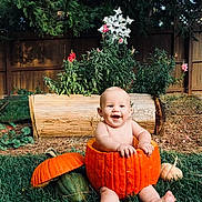 Dylan is registered to the contest to win money with this photo: baby, pumpkin, grass, smile, outdoors, backyard, log, flowers, wood_fence, autumn, fall, cute, portrait, sitting, seasonal, orange, nature, happy, toes, holidays