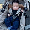 baby, child, stroller, infant, face, clothing, seatbelt, outdoor, person, cute, fashion, footwear, sock, head, expression, transport, baby_boy, casual, comfort, parked_car