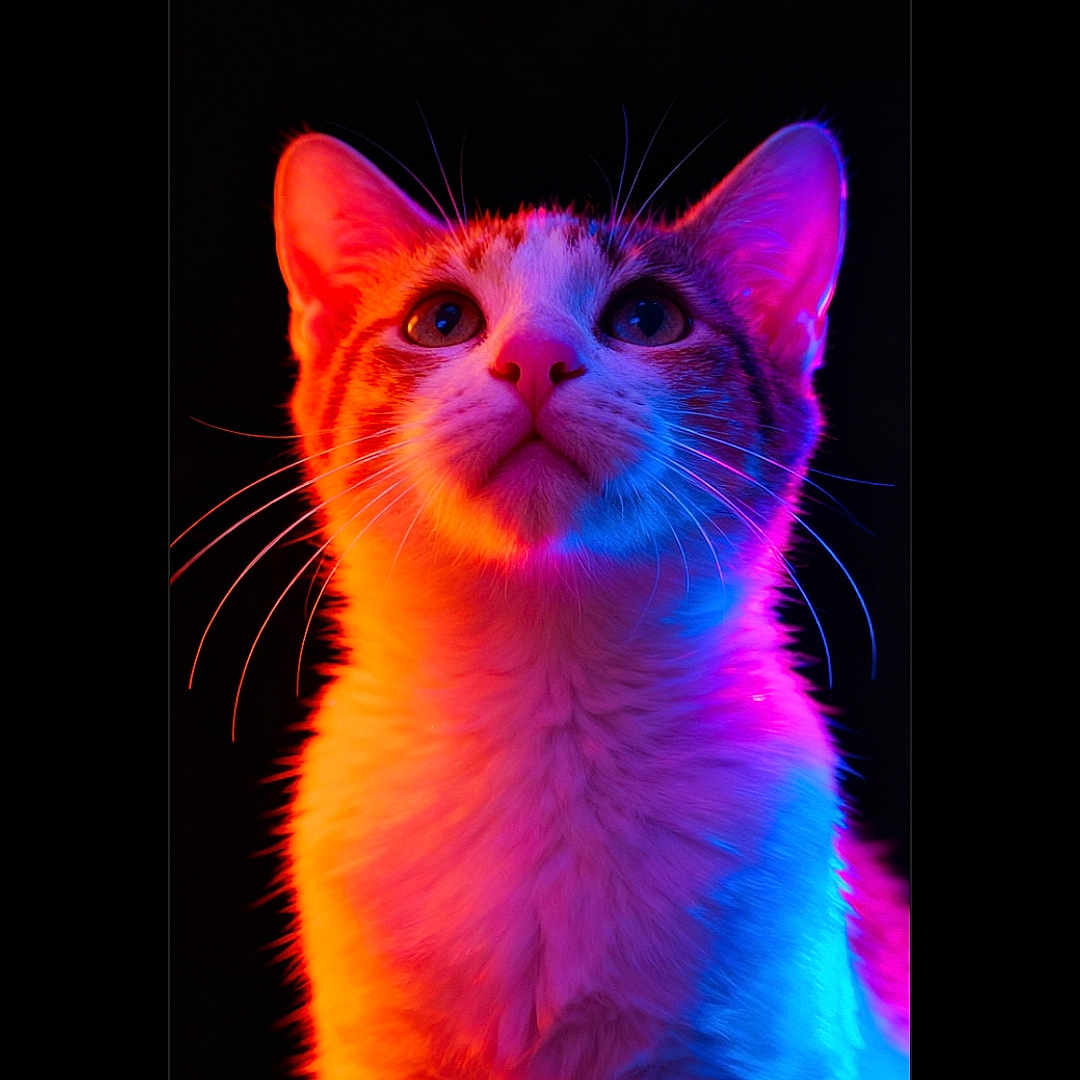 Plume a rejoint le concours — aidez-le/la à gagner de superbes lots ! cat, feline, portrait, close_up, neon_lighting, colorful, rainbow, vibrant, glowing, whiskers, ears, eyes, fur, fluffy, indoor, black_background, studio, dramatic_lighting, symmetrical, animal