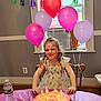Lydia is registered to the contest to win money with this photo: child, birthday_cake, balloons, face_paint, party, table, chair, window, indoor, girl, smiling, pink, cake, candles, utensils, bottle, decoration, celebration, happy, festive