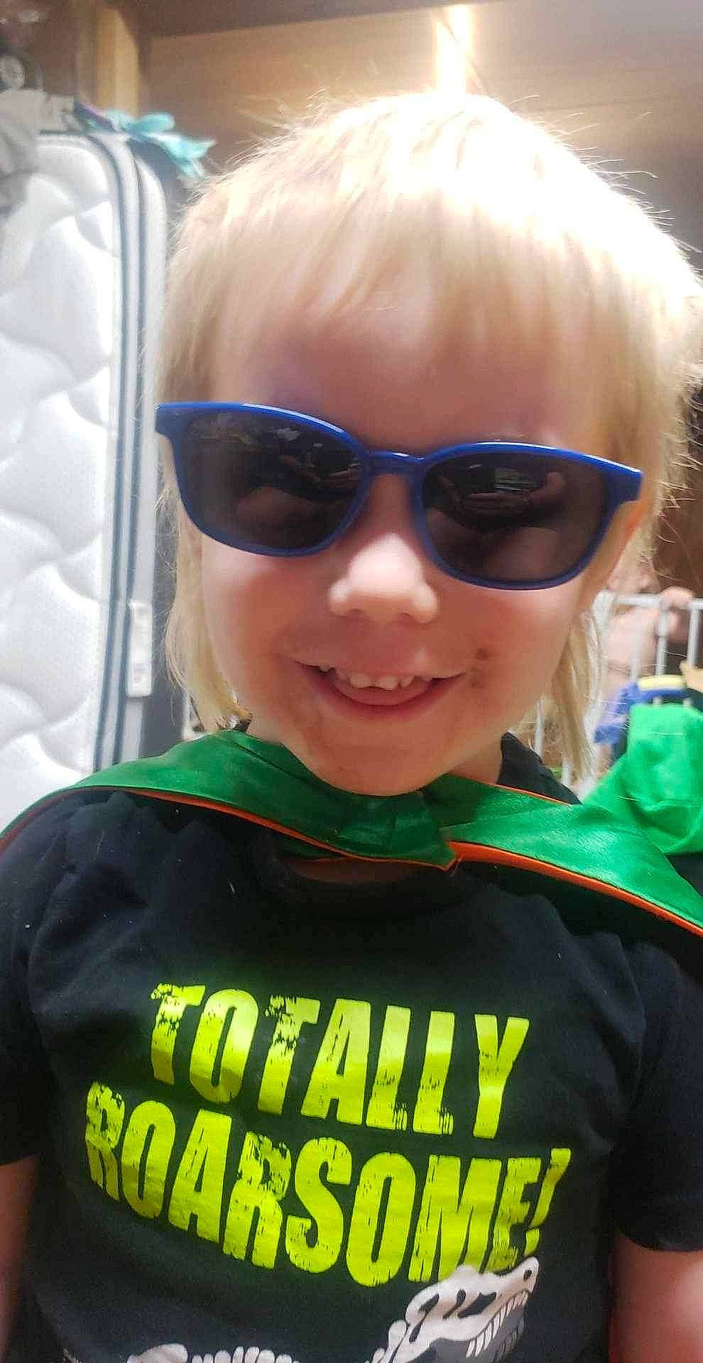 Jace joined the competition — help win amazing prizes! bangs, beard, cool, eye_glass_accessory, eyewear, fun, glasses, goggles, happy, joy, light, lip, mouth, person, personal_protective_equipment, selfie, smile, sunglasses, t_shirt, toddler