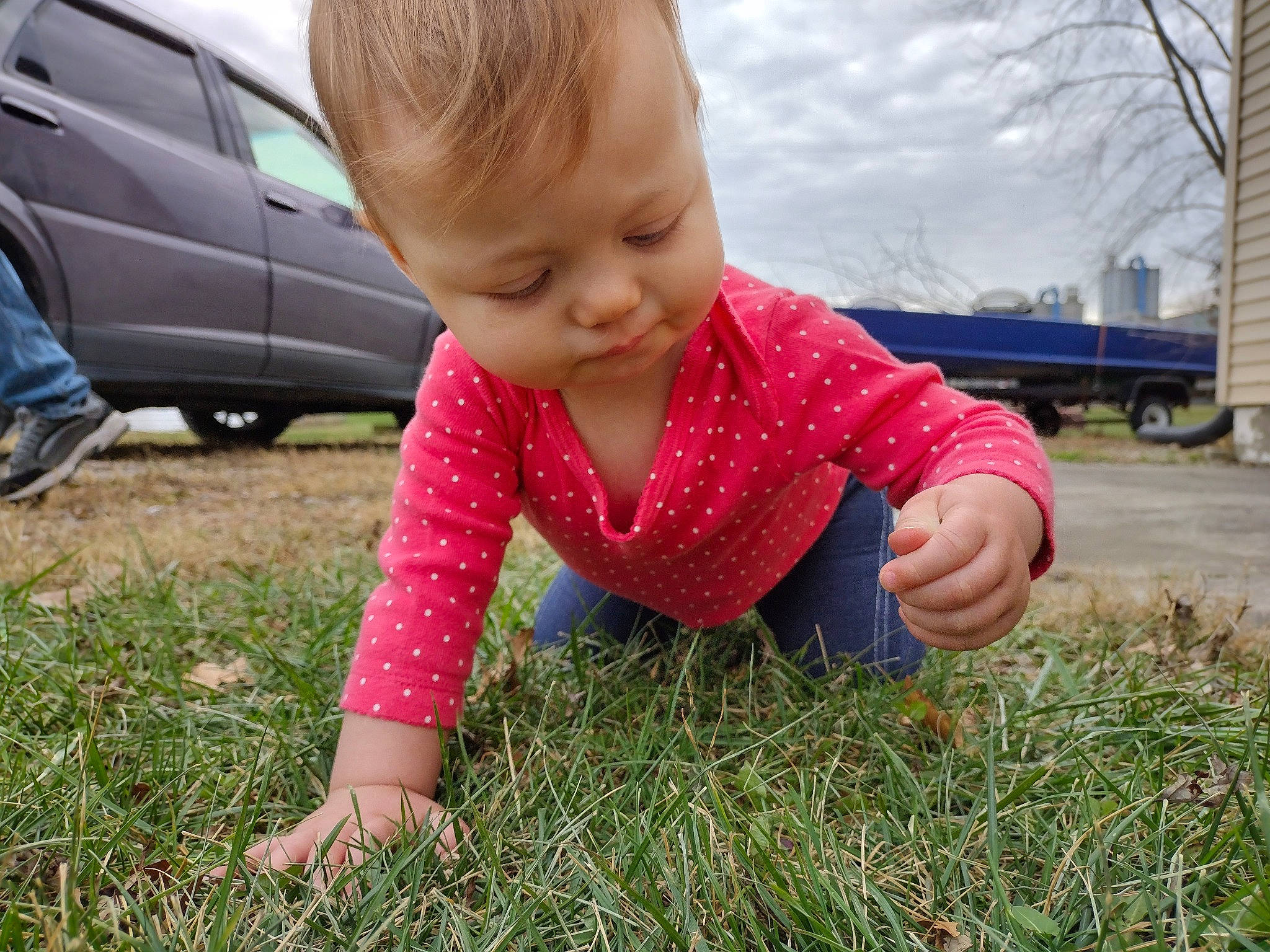 Raylee is registered to the contest to win money with this photo: automotive_tire, baby, baby_toddler_clothing, car, child, crawling, dress, flooring, fun, grass, grass_family, lawn, leisure, people_in_nature, person, plant, sky, soil, tire, toddler