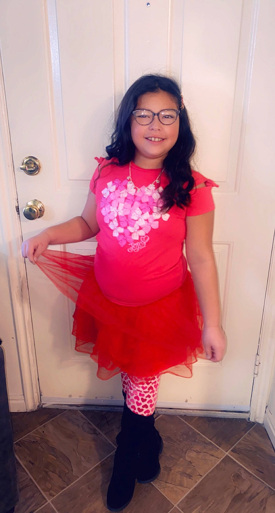 Destinee joined the competition — help win amazing prizes! abdomen, electric_blue, fashion_accessory, fashion_design, flooring, glasses, human_body, human_leg, joy, knee, magenta, pattern, peach, person, pink, purple, shoulder, sleeve, t_shirt, thigh