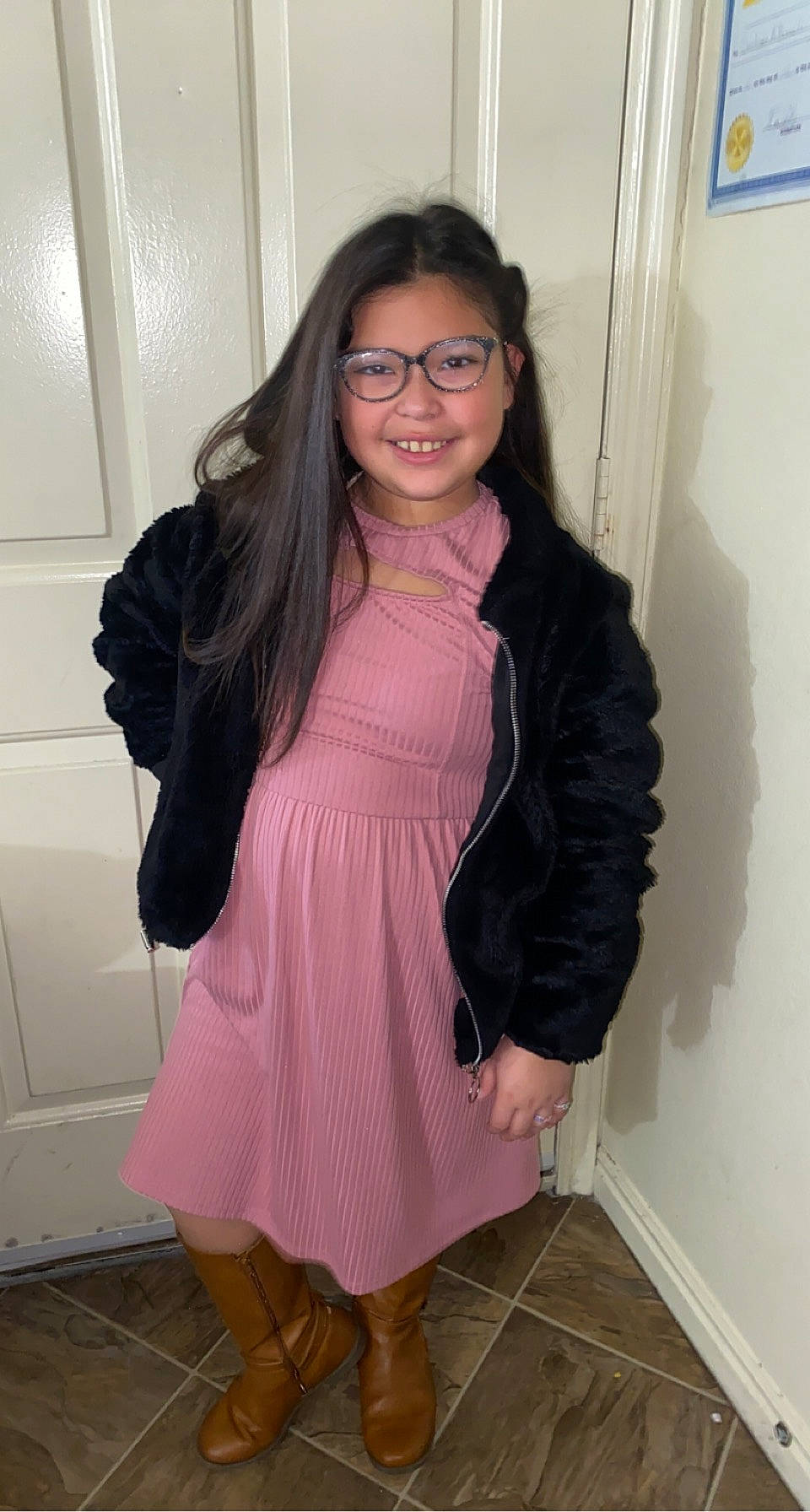 Destinee is registered to the contest to win money with this photo: electric_blue, eyewear, fashion_design, flooring, formal_wear, glasses, hair, human_body, joy, long_hair, magenta, neck, outerwear, person, purple, sleeve, smile, sunglasses, thigh, trunk