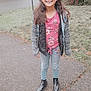 boots, casual_clothing, child, daylight, girl, grass, happy, house, jacket, jeans, long_hair, nature, outdoor, person, portrait, residential_area, sidewalk, smile, street, trees