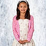 Brooklin joined the competition — help win amazing prizes! background, brown_hair, cardigan, child, cute, dress, fashion, flower_pattern, girl, hands, happy, headband, long_hair, pink, portrait, smile, standing, studio, white, young