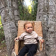 Kai George joined the competition — help win amazing prizes! child, toddler, smile, wooden_chair, tree_trunk, forest, outdoor, nature, casual_clothing, sweatshirt, pants, shoes, greenery, tree, wood, carving, relaxing, young_child, happy, seat