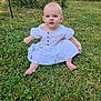 baby, child, grass, outdoor, white_dress, sitting, cute, face, person, nature, greenery, summer, garden, yard, young, innocent, happy, portrait, barefoot, daylight