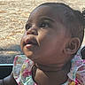 Valencia is registered to the contest to win money with this photo: child, baby, toddler, portrait, face, close_up, curious, looking_up, eyes, smile, floral_clothing, dress, bow, colorful, car, car_seat, window, outdoor, sunlight, family_photo