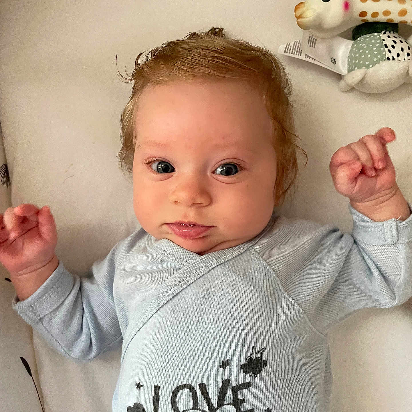 Gabriel a rejoint le concours — aidez-le/la à gagner de superbes lots ! baby, blue_clothing, cheerful, child, cozy, cute, eyes, face, giraffe, hands, happy, indoors, infant, love_print, lying_down, playful, portrait, smiling, soft_surface, toy