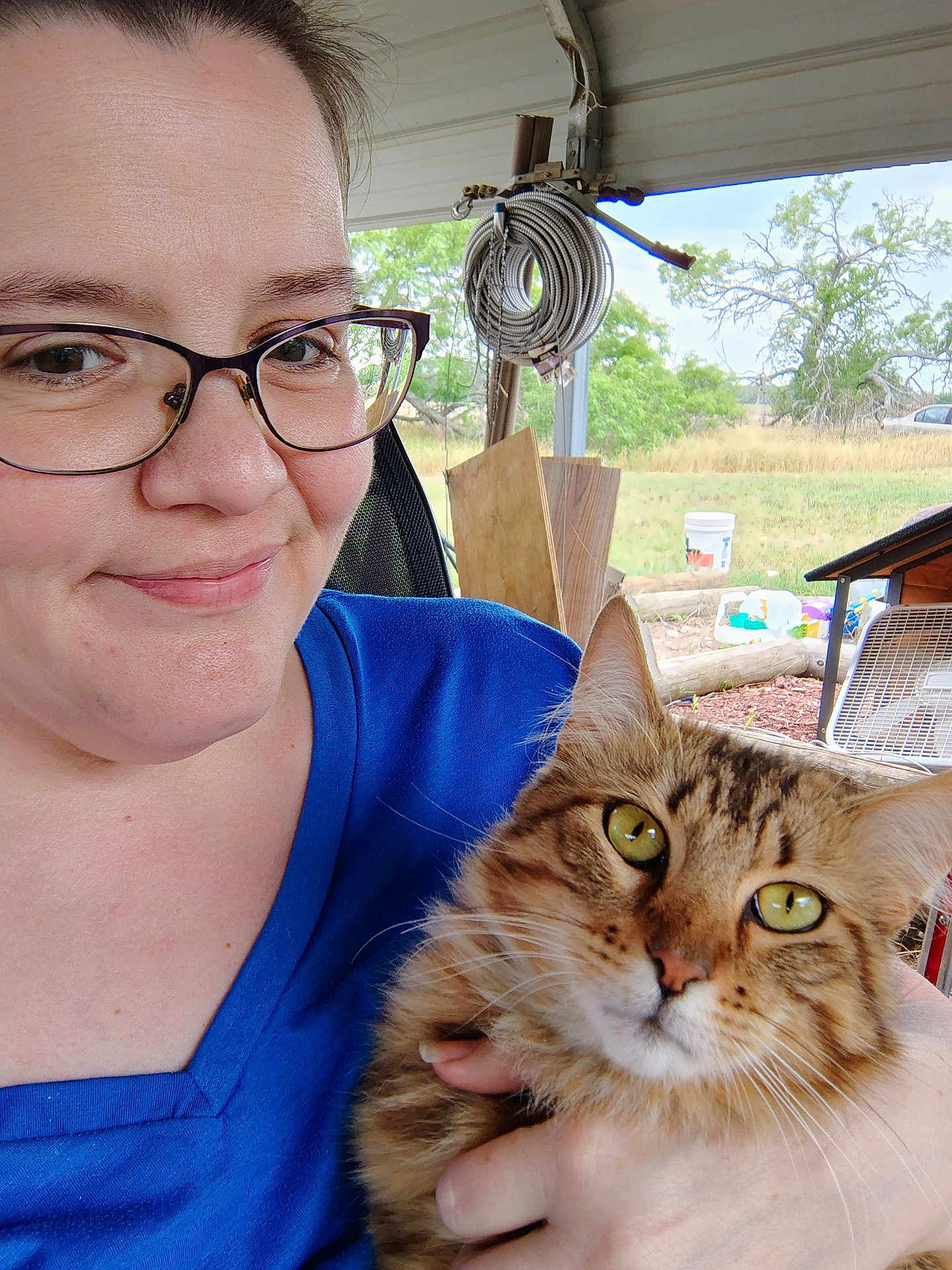 Chaos joined the competition — help win amazing prizes! person, cat, glasses, smile, outdoor, tabby_cat, animal, pet, fur, hand, greenery, hose, wood, bucket, fan, chair, face, eye, nature, casual