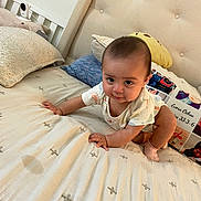 Averly joined the competition — help win amazing prizes! baby, bed, blanket, crawling, headboard, pillow, plush, room, soft, toddler, young_child, indoor, clothing, person, cute, child, infant, face, hands, home