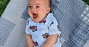 Levi is registered to the contest to win money with this photo: baby, infant, child, laughing, happy, outdoor, grass, quilt, blanket, clothing, red_shorts, white_shirt, patterned_shirt, person, head, smile, joy, playing, cute, sunlight