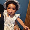 Bless'In is registered to the contest to win money with this photo: baby, child, toddler, portrait, sun_hat, floral_dress, curly_hair, sitting, looking_at_camera, face, eyes, serious_expression, adult, hand, indoor, blue_wall, wooden_door, fashion, family, photography