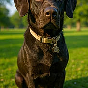 Jack is registered to the contest to win money with this photo: animal, black_dog, canine, collar, daylight, dog, ears, eyes, fur, grass, labrador, muzzle, nature, outdoor, park, pet, portrait, sitting, sunlight, tag