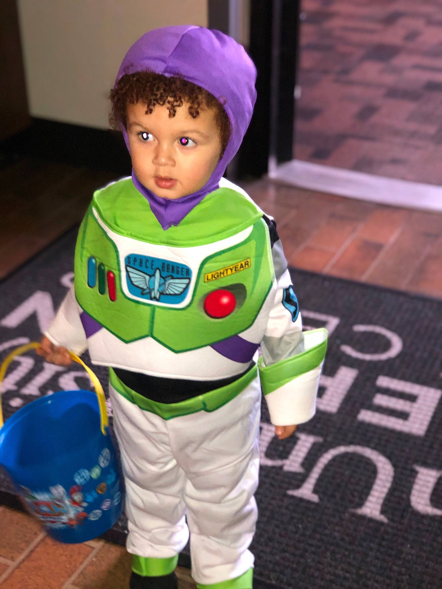Channing is registered to the contest to win money with this photo: child, costume, fictional_character, person, personal_protective_equipment, toddler