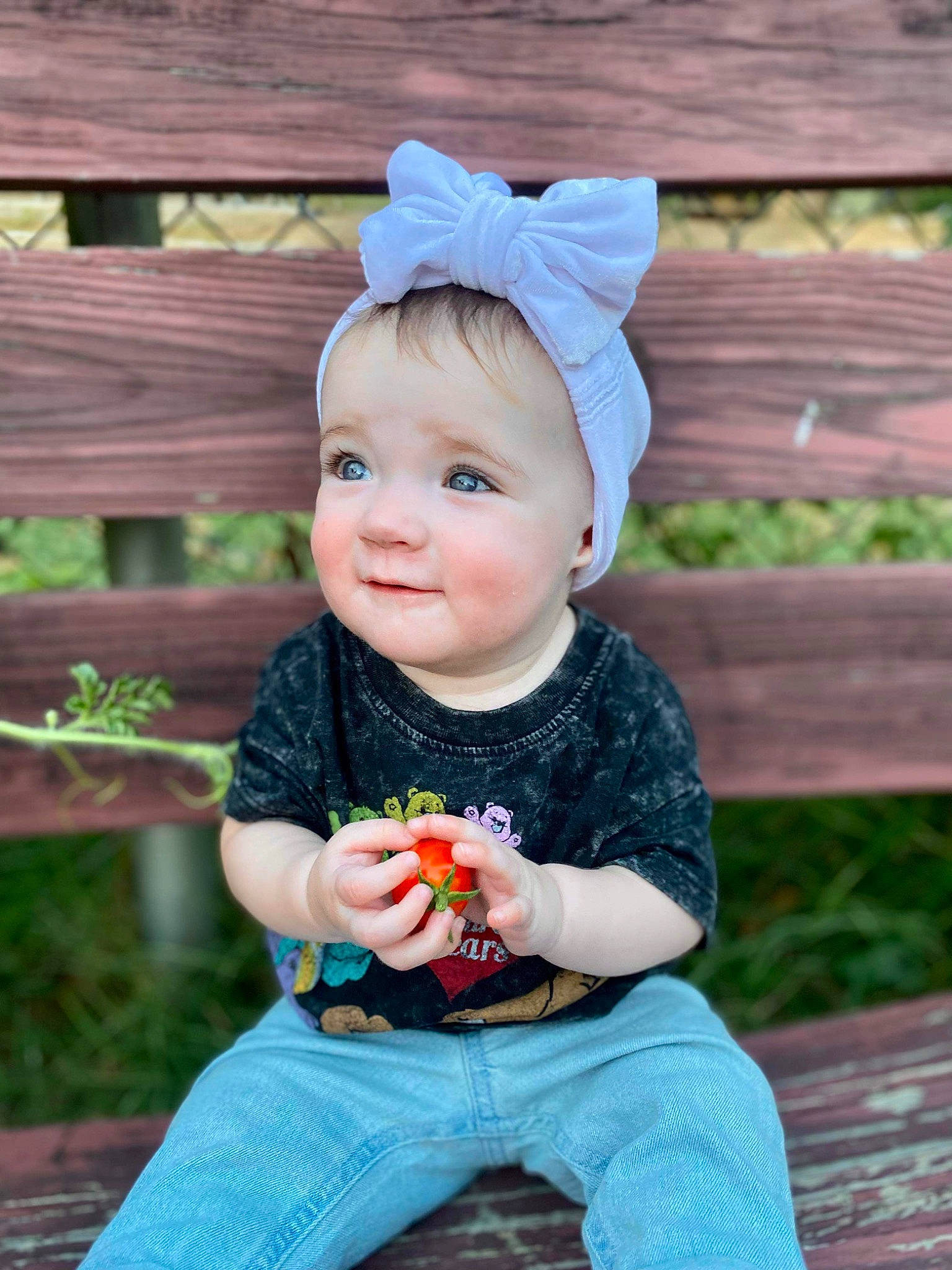 Palmerlynn joined the competition — help win amazing prizes! baby, baby_toddler_clothing, clothing, eye, face, facial_expression, grass, happy, hat, head, jeans, leaf, person, plant, skin, sleeve, smile, t_shirt, toddler, trousers