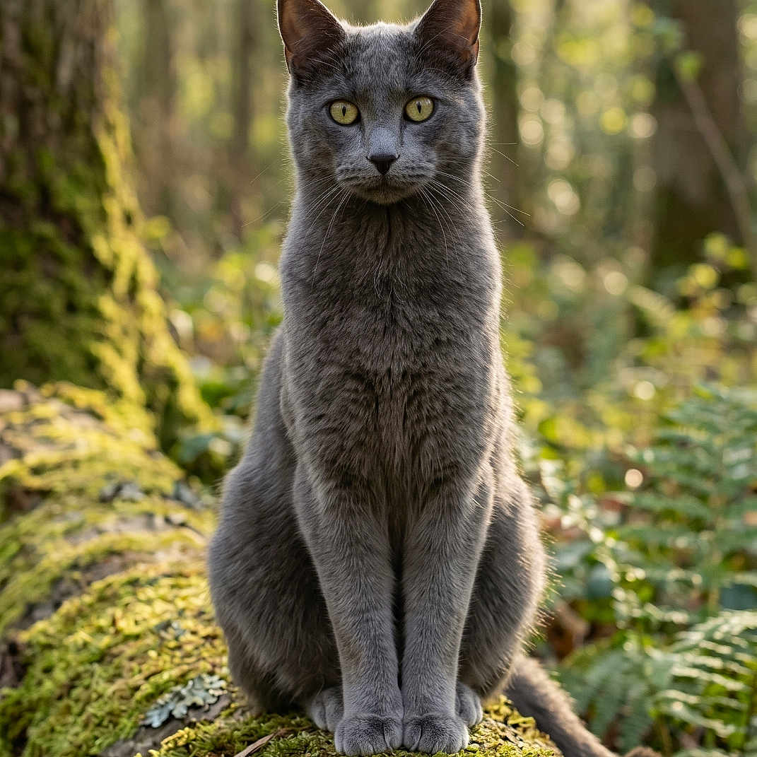 Monza a rejoint le concours — aidez-le/la à gagner de superbes lots ! cat, gray_cat, animal, forest, moss, tree_trunk, nature, outdoor, wildlife, sunlight, greenery, feline, sitting, looking, yellow_eyes, mossy, woodland, daylight, closeup, wild