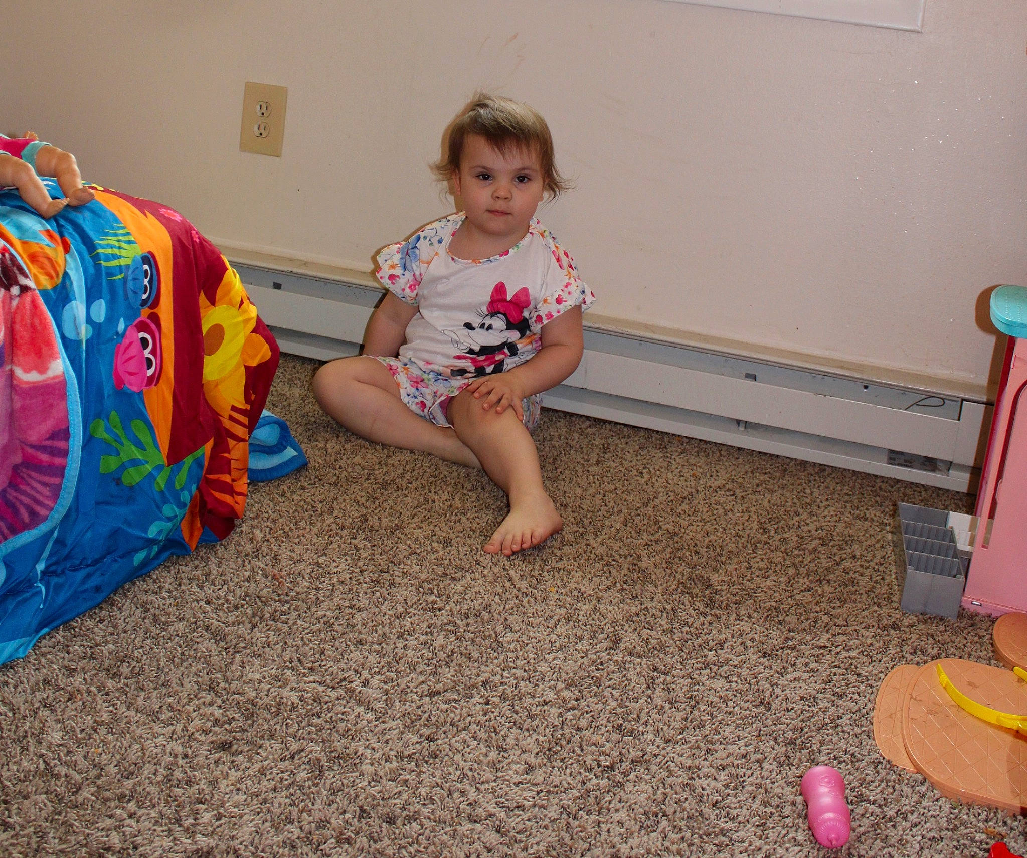 Addie joined the competition — help win amazing prizes! barefoot, child, floor, flooring, fun, kindergarten, leg, person, play, room, sitting, toddler