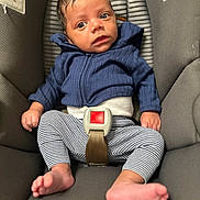 Kainan joined the competition — help win amazing prizes! baby, infant, car_seat, blue_hoodie, striped_pants, barefoot, child, seatbelt, curious, indoors, young, portrait, small_hands, tiny_toes, casual_clothing, comfortable, safety, seat, expression, cute