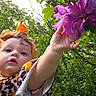 toddler, child, flower, purple_flower, orange_headband, nature, greenery, outdoor, sunlight, trees, leaves, curious, reaching_hand, baby, dress, patterned_clothing, person, portrait, summer, garden