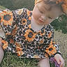 toddler, child, flower, grass, outdoor, nature, headband, orange, sunflower, dress, barefoot, curious, sitting, greenery, portrait, baby, cute, person, young_child, head