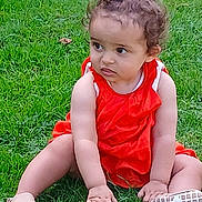 Rahafline participe au concours pour gagner de l'argent avec cette photo : toddler, child, grass, red_dress, cute, outdoor, sitting, curious, baby, hair_clip, footwear, shoes, greenery, young_child, portrait, summer, casual, expression, hands, legs