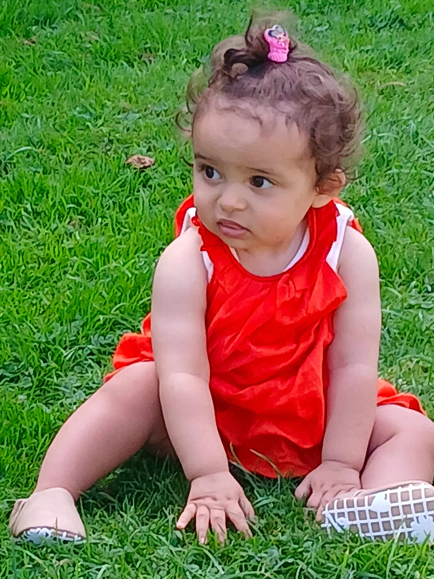Rahafline participe au concours pour gagner de l'argent avec cette photo : toddler, child, grass, red_dress, cute, outdoor, sitting, curious, baby, hair_clip, footwear, shoes, greenery, young_child, portrait, summer, casual, expression, hands, legs