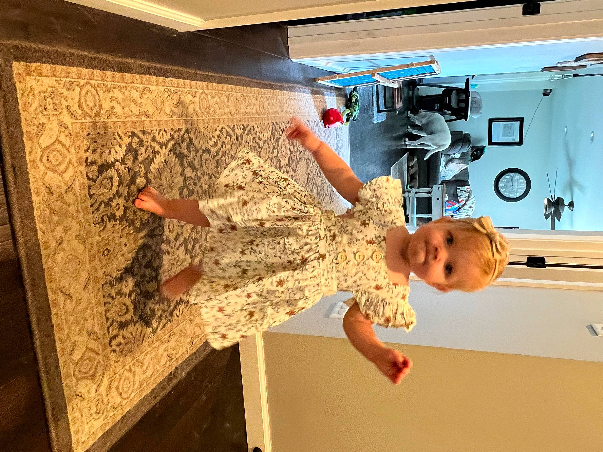 Caroline is registered to the contest to win money with this photo: cabinetry, ceiling, door, flooring, fun, hardwood, kitchen, machine, pattern, person, refrigerator, room, smile, toddler, visual_arts, wall, wood