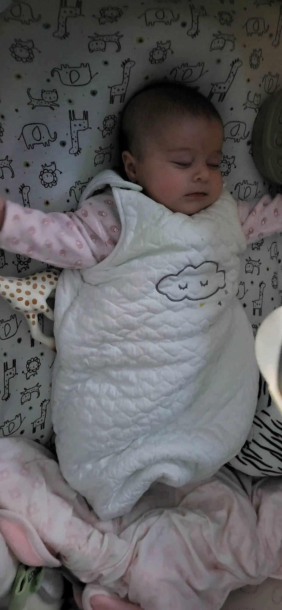 Alix participe au concours pour gagner de l'argent avec cette photo : baby, baby_products, baby_sleeping, baby_toddler_clothing, bedding, cheek, child, comfort, face, hand, head, linens, nose, pattern, person, room, sitting, skin, sleeve, t_shirt