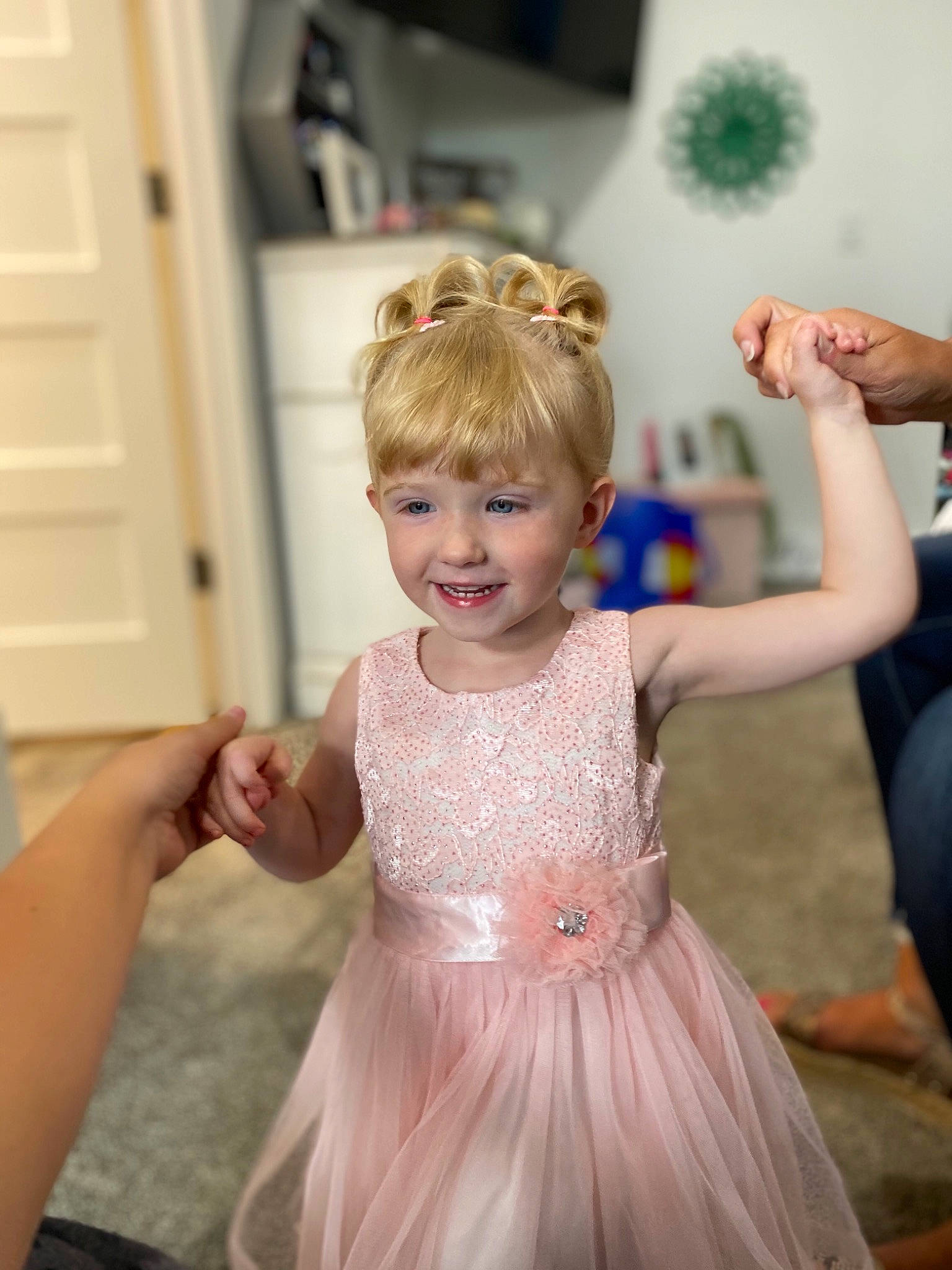 Hazleigh is registered to the contest to win money with this photo: baby_toddler_clothing, bridal_clothing, child, door, dress, facial_expression, formal_wear, fun, gesture, gown, hand, happy, head, iris, joy, person, pink, purple, shoulder, smile