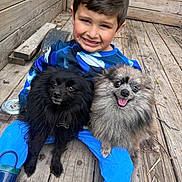 Tyler Kennedy Tk is registered to the contest to win money with this photo: animal, black_dog, blue_clothing, boots, boy, child, cute, dog, face, fluffy_dog, fur, gray_dog, happy, nature, outdoor, pet, sitting, small_dog, smile, wooden_deck